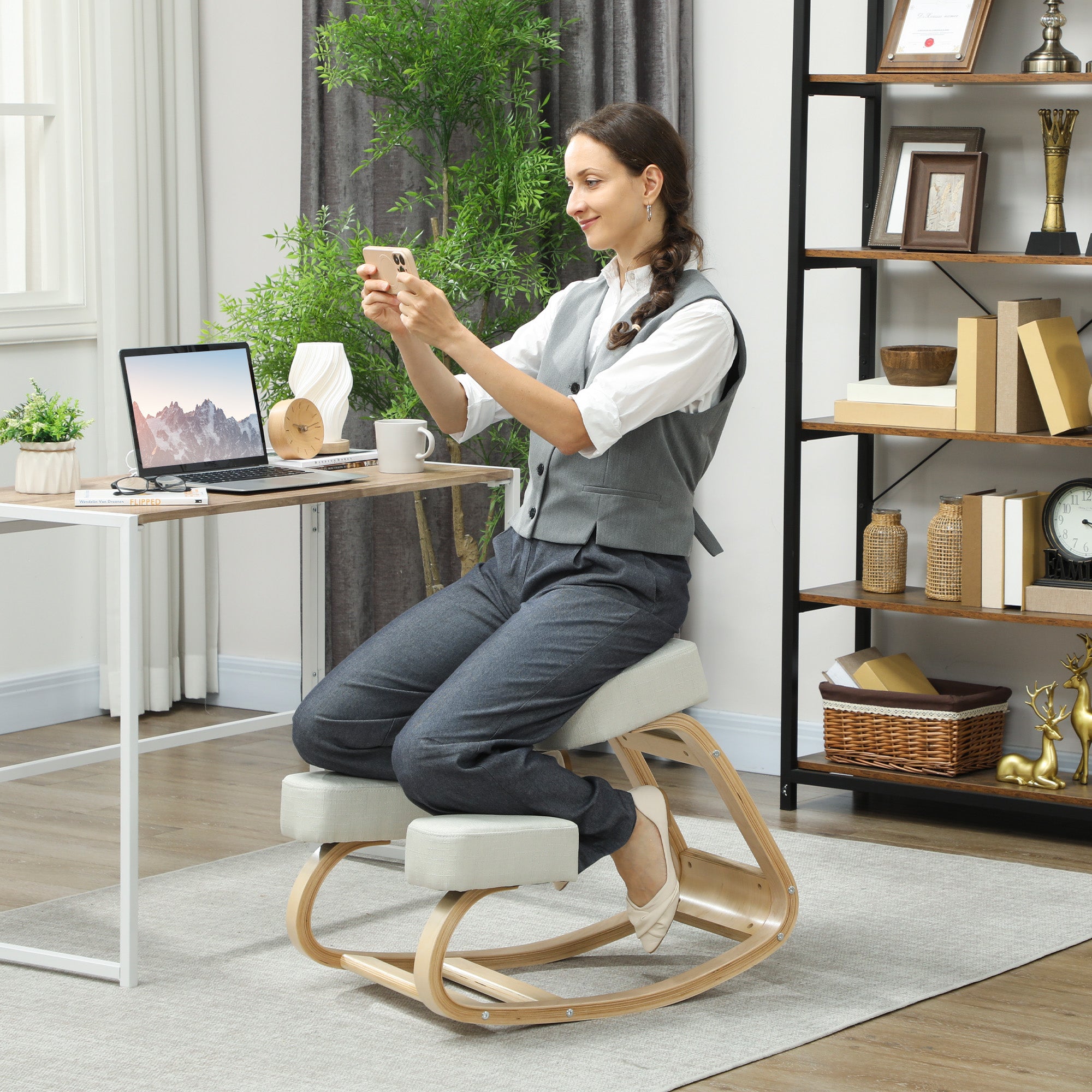 Sedia Ergonomica con Inginocchiatoio 51x69x58 cm in Legno di Betulla e Cuscini Crema