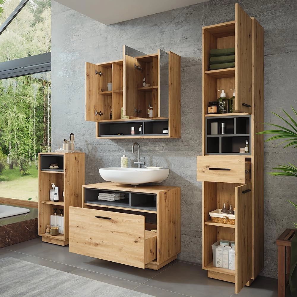 Set di mobili da bagno Beatrice, Rovere artigianale/antracite, 80 cm, composto da mobile lavabo, pensile a specchio, colonna e base media