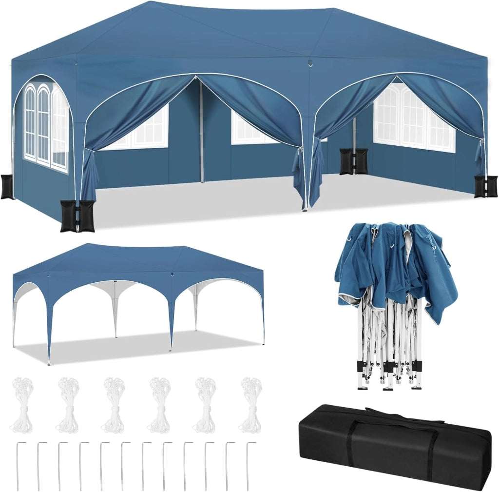 Gazebo Pieghevole da Giardino, Gazebo Idrorepellente Pop Up da 3x6m con Pannelli Laterali, Tendone da Esterno, Altezza Regolabile,Set di 4 Sacchi di Sabbia,con Custodia Beige