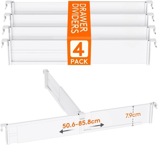 Set di contenitori per cassetta, 4 pezzi, regolabili, altezza 8 cm e lunghezza 25-42,7 cm, organizzatore per cassetta, sistema di archiviazione per tavoli da lavoro, contenitore per cassetta in plastica per cucina/bureau/ufficio, bianco