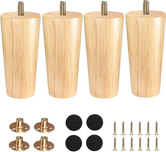 Piedini in Legno per Mobili di Sostituzione a Taper 12 cm - Set da 4 con Piatto di Montaggio - Piedini con Gommini per Mobili come Divano, Letto, Cassettone, Comò, TV e Bagno