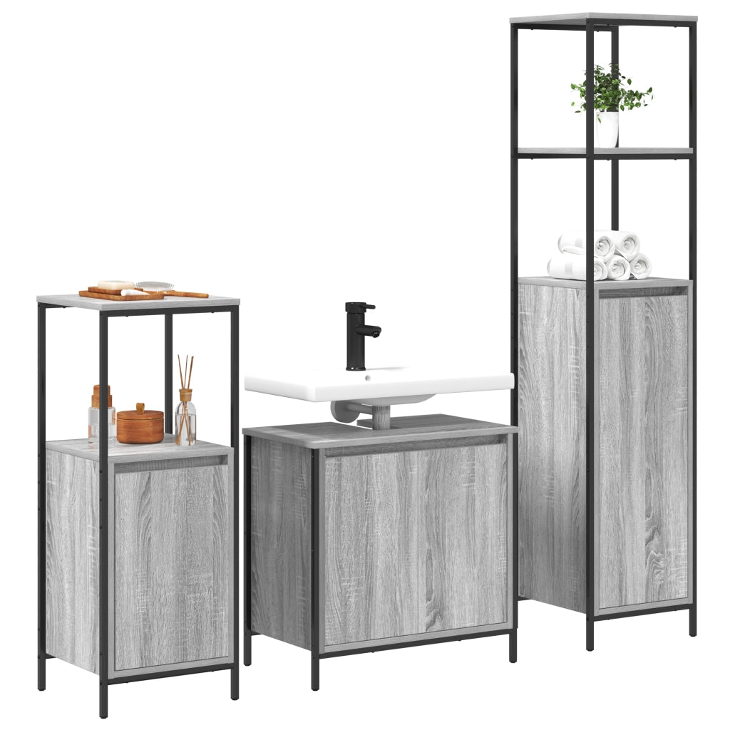 Set di Mobili da Bagno a 3 Pezzi in Legno Ingegnerizzato Grigio Sonoma