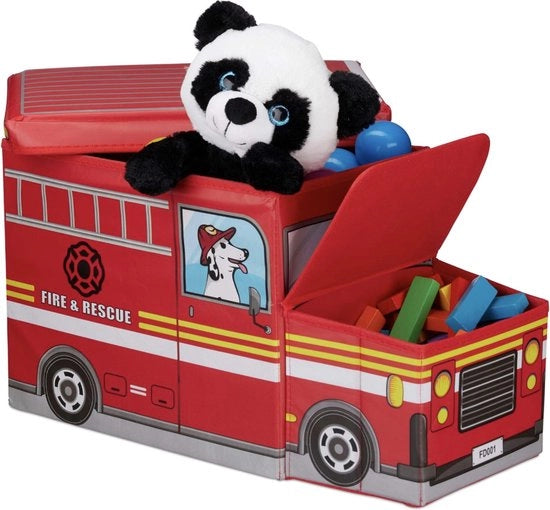 Cassa di gioco, cassa con coperchio, giocattoli, cassa, pieghevole, per bambini, design dei vigili del fuoco, 50 L, rosso