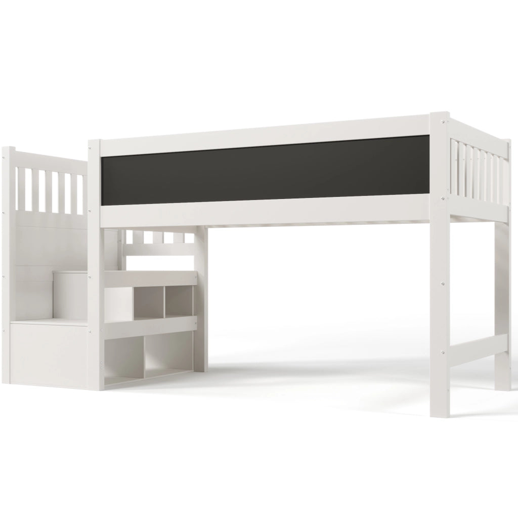 Letto a soppalco 90x200 cm con scala contenitore e lavagna in legno bianco