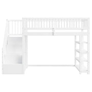 Letto a soppalco singolo 90×200 cm con armadio; ripiani e scala di sicurezza; senza materasso; legno; bianco