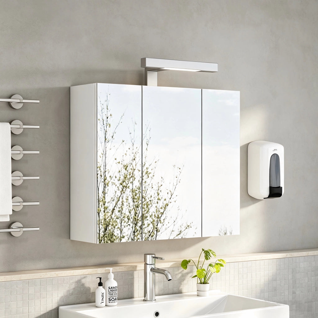 Mobiletto da bagno a parete bianco da 60 cm con specchio, 3 ante, illuminazione a LED e presa Schuko, ripiani in vetro regolabili in altezza,
