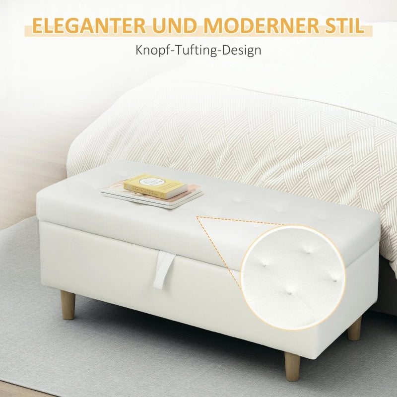 Pouf contenitore con gambe in legno massello e seduta in poliestere, spazio portaoggetti per soggiorno, bianco crema