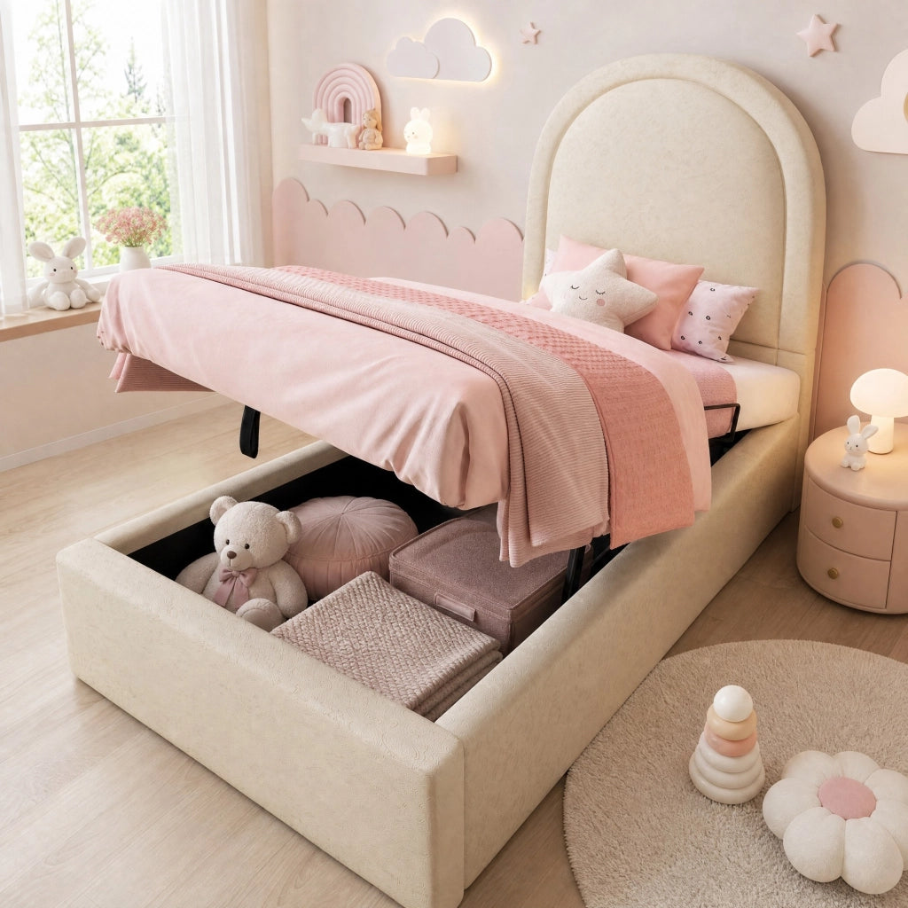 Letto imbottito singolo 90x200 cm beige con testiera semicircolare, contenitore idraulico e struttura in metallo