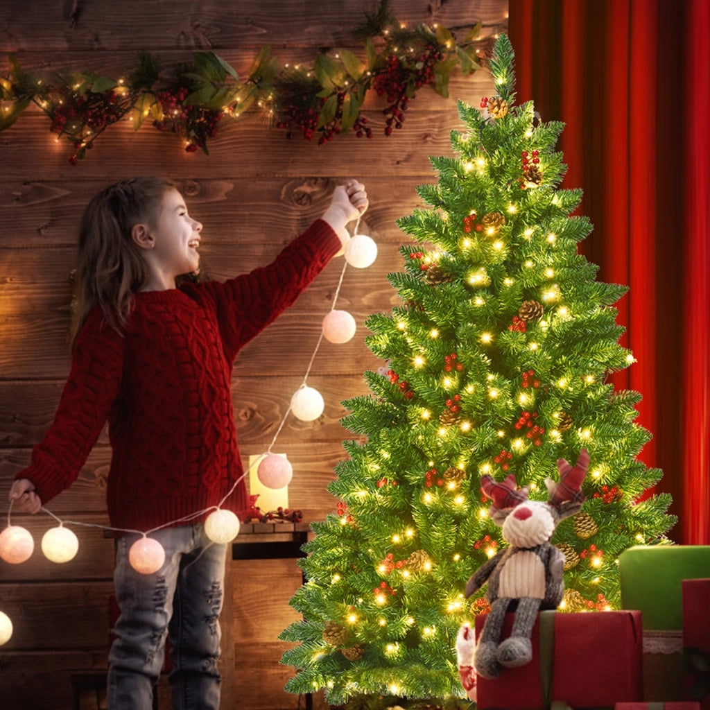 Albero di Natale 135 cm 516 rami, Abete artificiale con base resistente di metallo pigne decorative