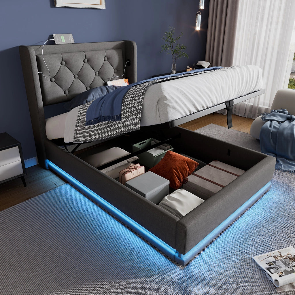 LETTO Contenitore 90x200 cm Grigio in cotone con materasso incluso, USB Tipo C e LED