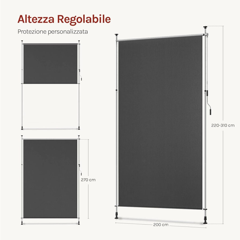 Tenda da Sole Verticale con Manovella, 200x310 cm, Frangivista da Esterno Estensibile, Oscurante, Protezione Solare, Resistente alle Intemperie, Montaggio senza Foratura, Grigio