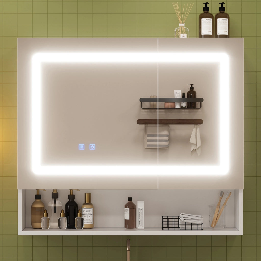 Specchio contenitore bagno 80x17x70 cm, 2 ante, LED dimmerabile e antiappannamento, MDF bianco