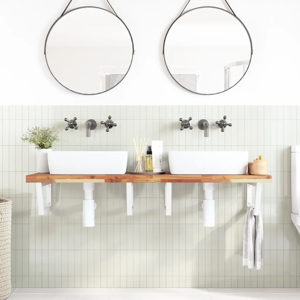 Ripiano a Parete per Lavabo in Acciaio e Massello di Acacia 3302862