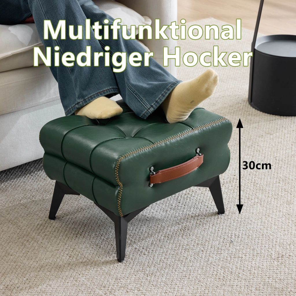 Pouf multifunzione per cambio scarpe con maniglia, piedini antiscivolo e gambe in acciaio in pelle PU verde