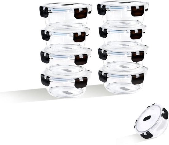Set di contenitori in vetro 400ml con coperchio 8 pz, piccoli contenitori in vetro rotondi con coperchio, contenitori in vetro trasparente con coperchio per chef per conservare frutta e verdura in cucina, nero