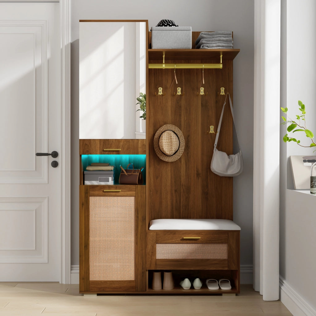 Mobile d'Ingresso con 3 Ante; Specchio; Panca e LED 16 Colori; Stile Moderno; in MDF; Noce/Bianco; 110??38??190 cm