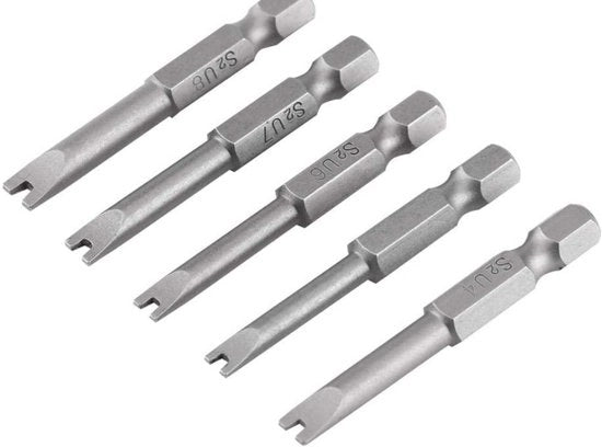 Set di 5 bit magnetici a forma U per 1/4" con lunghezza 50 mm per uso con trapani elettrici e a mano.