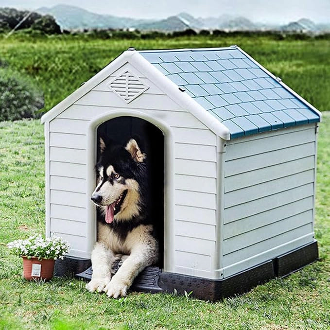 Cuccia per Cani da Esterno ed Interno, Cassetta Impermeabile e Ventilata con Valvole d’Aria e Pavimento Rialzato, per Cani di Piccola e Media Taglia (Blu, 78,5 x 87,7 x 81,5 cm)