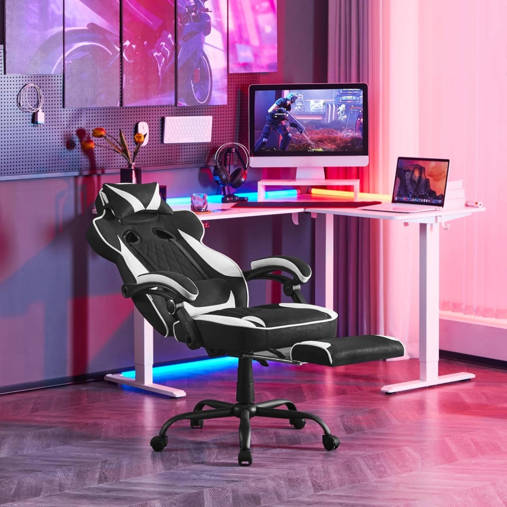Sedia Gaming Ergonomica | Tessuto Traspirante Fresco D'estate | Schienale Regolabile Poggiapiedi | per Gaming Ufficio Relax | Sedile ampio e comodo per Persone di Taglia Grande | Nero+Bianco