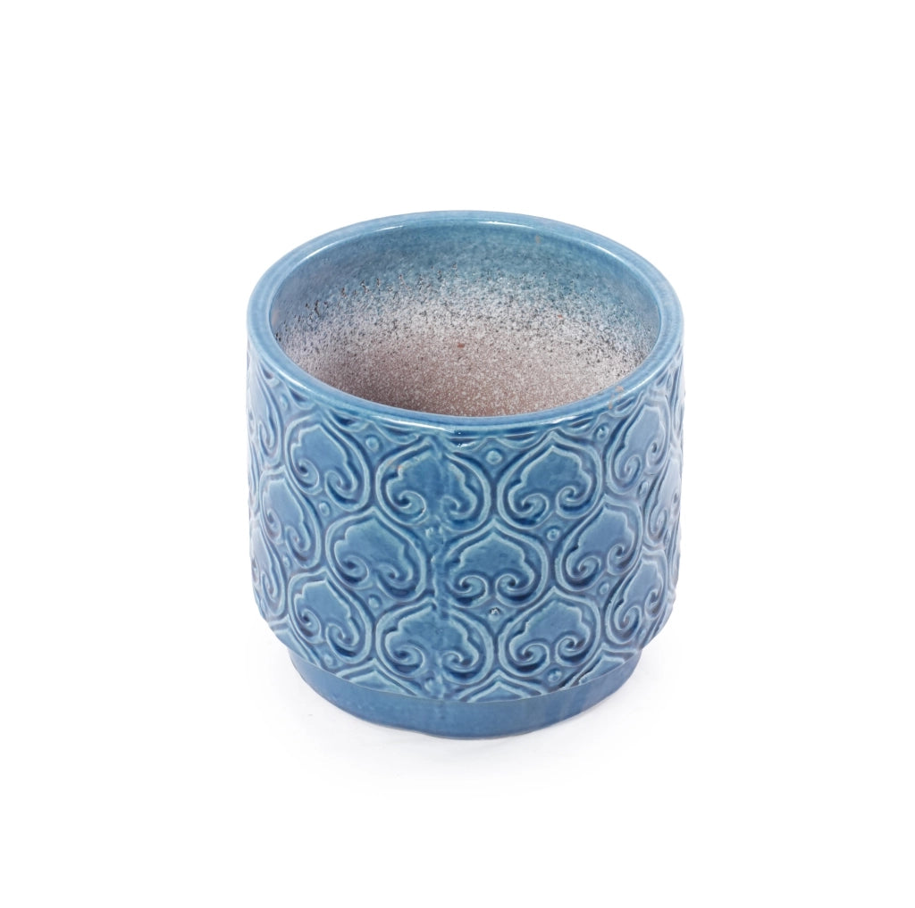 Set 4 vasi da giardino in ceramica smaltata blu con rilievo a cuore, diametri 38/31,5/24/19 cm, con fori di drenaggio, resistenti al gelo