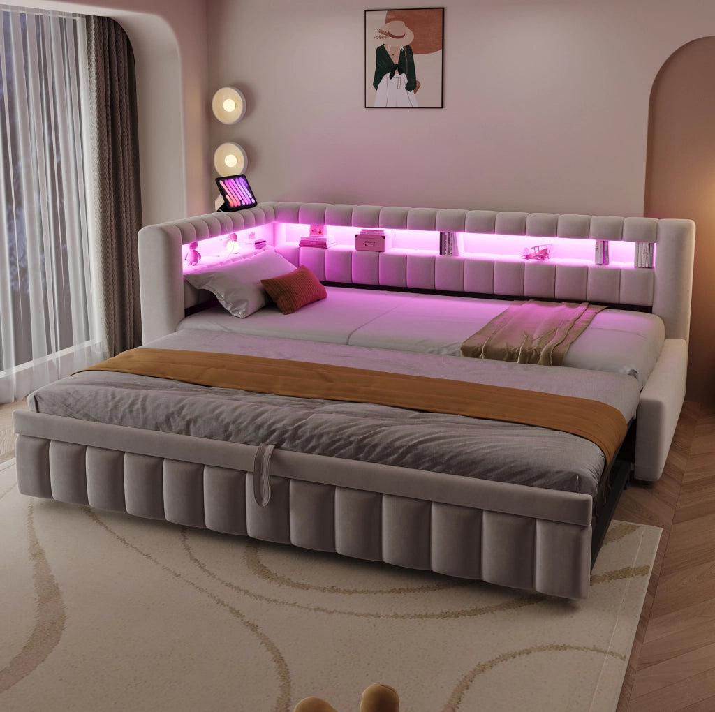 Divano letto estraibile 90x200 cm con LED, USB e vani integrati beige