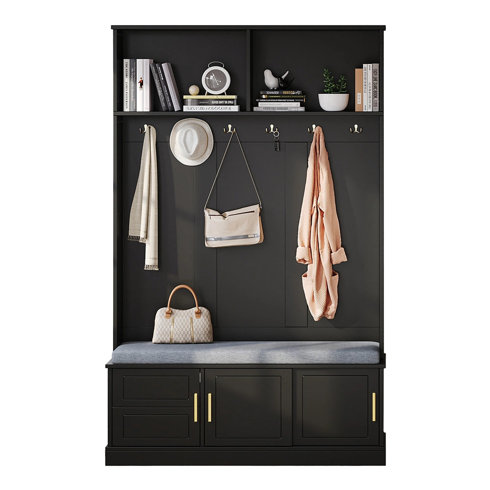 Porte-manteau con banco scarpe - Xylo - 120??40??191 - Nero - 6 ganci tripli ingresso corridoio