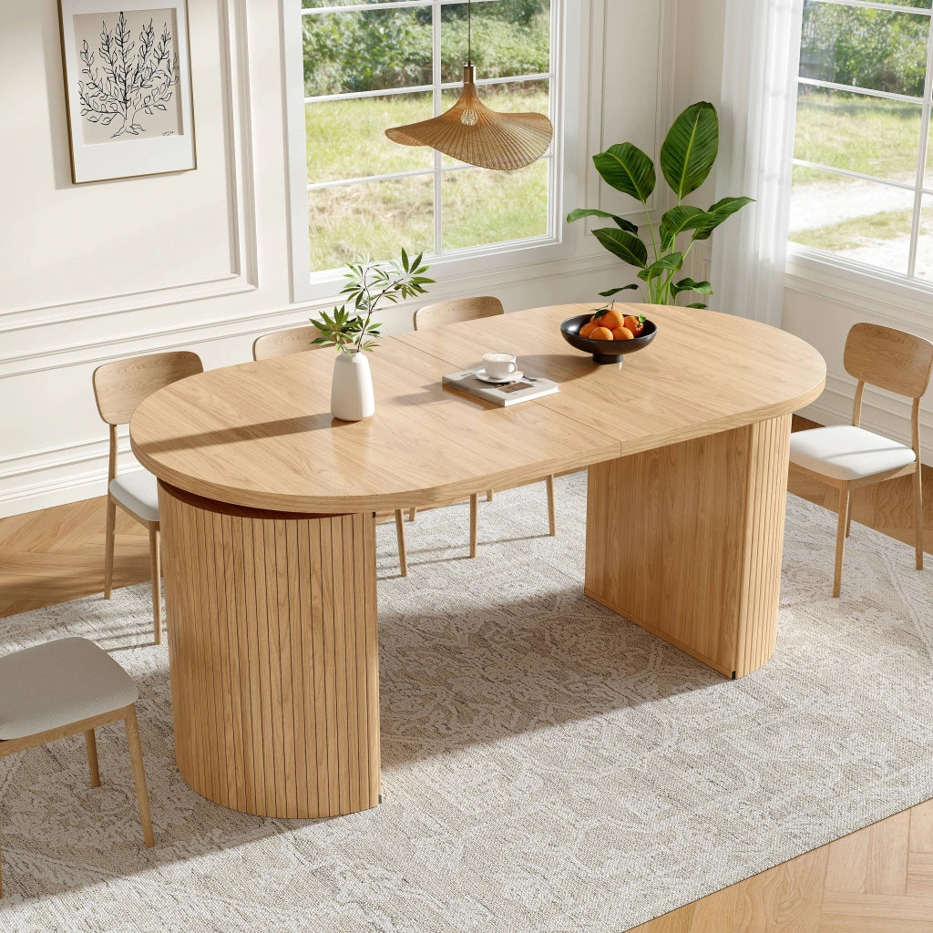 Tavolo da pranzo allungabile, con ripiano portaoggetti, piano rinforzato, in MDF, color legno naturale