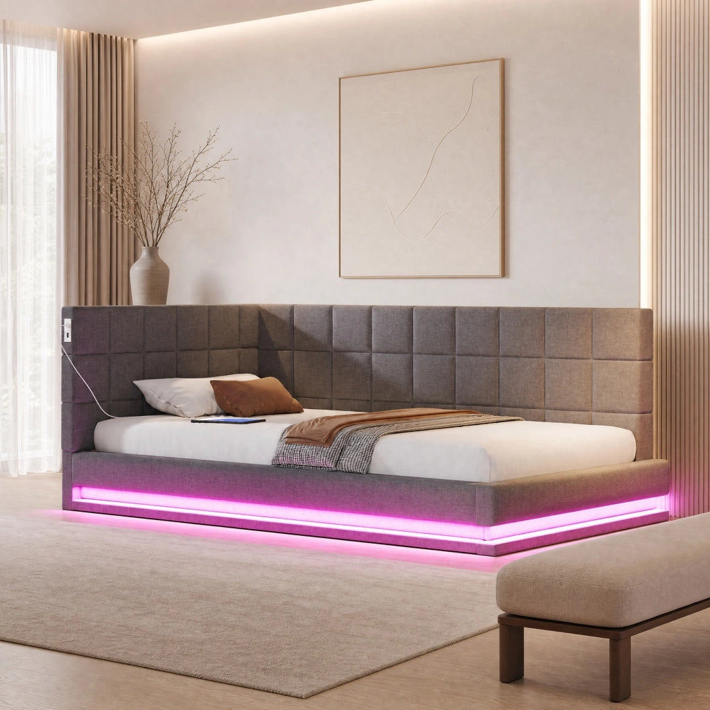 Divano letto imbottito 90x200 cm con LED; porta USB e rete a doghe; in lino grigio