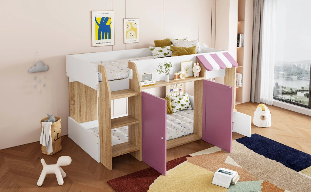 DESMIU Letto a soppalco per bambini 1 posto con scala, contenitori e ripiani, 90 × 200 cm, senza materasso, rosa e bianco