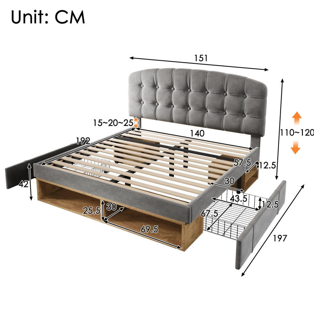Letto imbottito 140x190 cm con testiera regolabile e cassetti; rete a doghe; velluto grigio