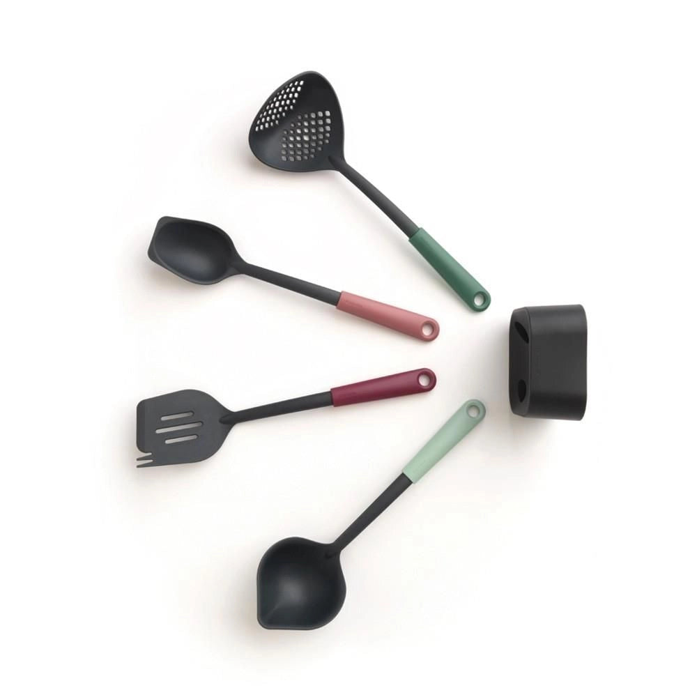 Brabantia 123184 Tasty+ Set Utensili da Cucina 4 Pezzi con Supporto in Nylon Termoresistente Fino a 220 °C Lavabile in Lavastoviglie colore Multicolore