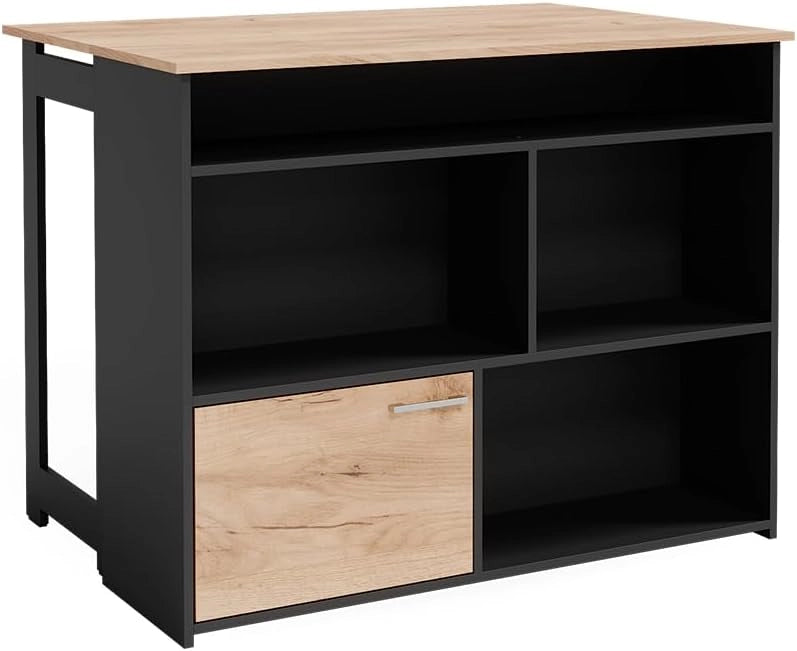 Tavolo bar alto Dominic, Quercia dorata, 116 x 37 cm 4x scomparti aperti e 1x porta, piano del tavolo pieghevole per un utilizzo flessibile in spazi ridotti