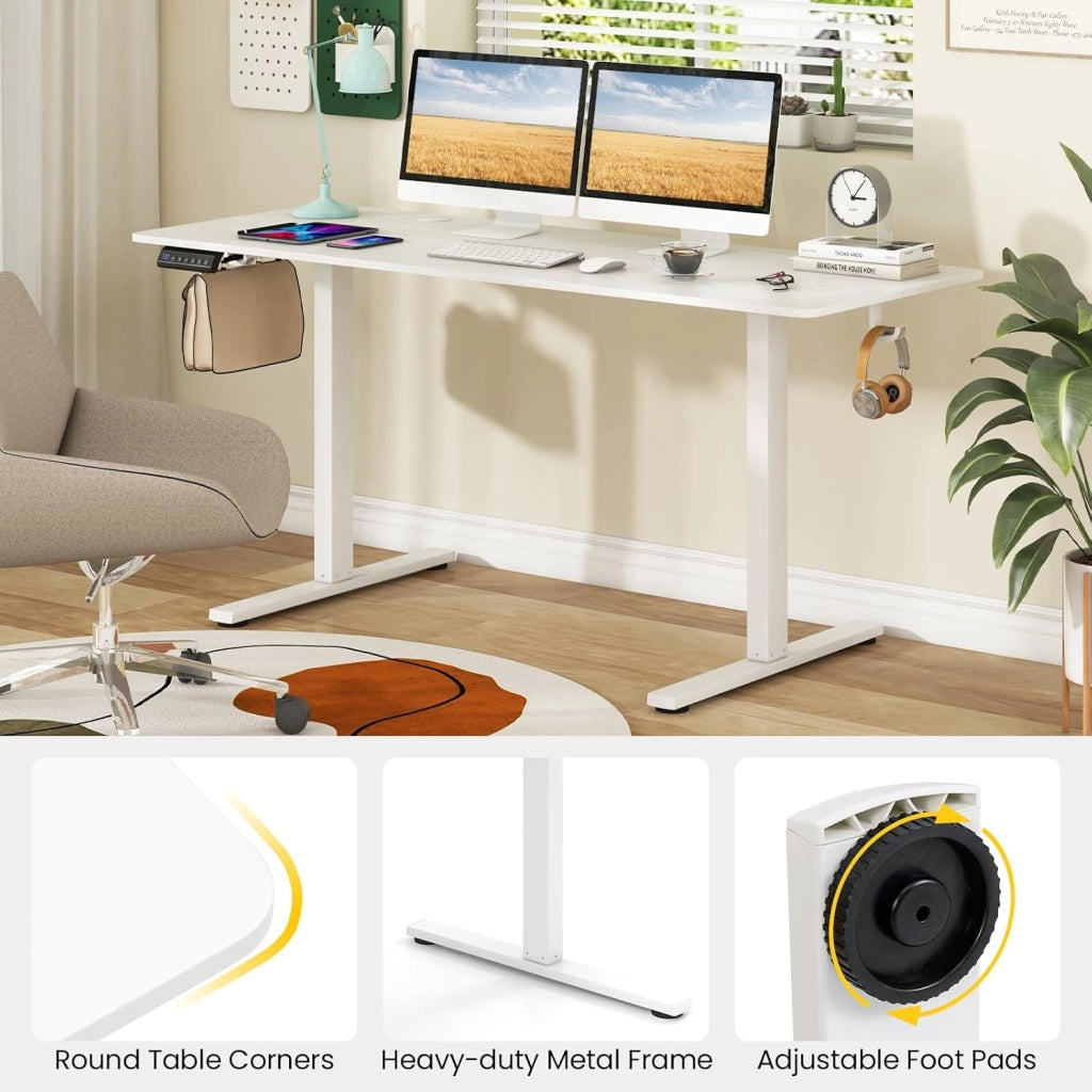 Scrivania da seduta in piedi elettrica 160 x 60 cm, scrivania regolabile in altezza 71,5 – 116,5 cm, sistema anti-collaudo, 2 ganci per appendere, fori per cavi, bianco