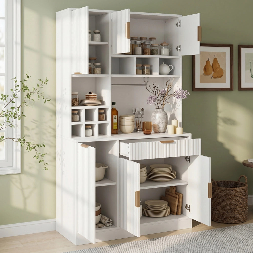 Credenza 100x40x175 cm con ripiani regolabili; prese integrate; portabicchieri e portabottiglie in pannello truciolare bianco