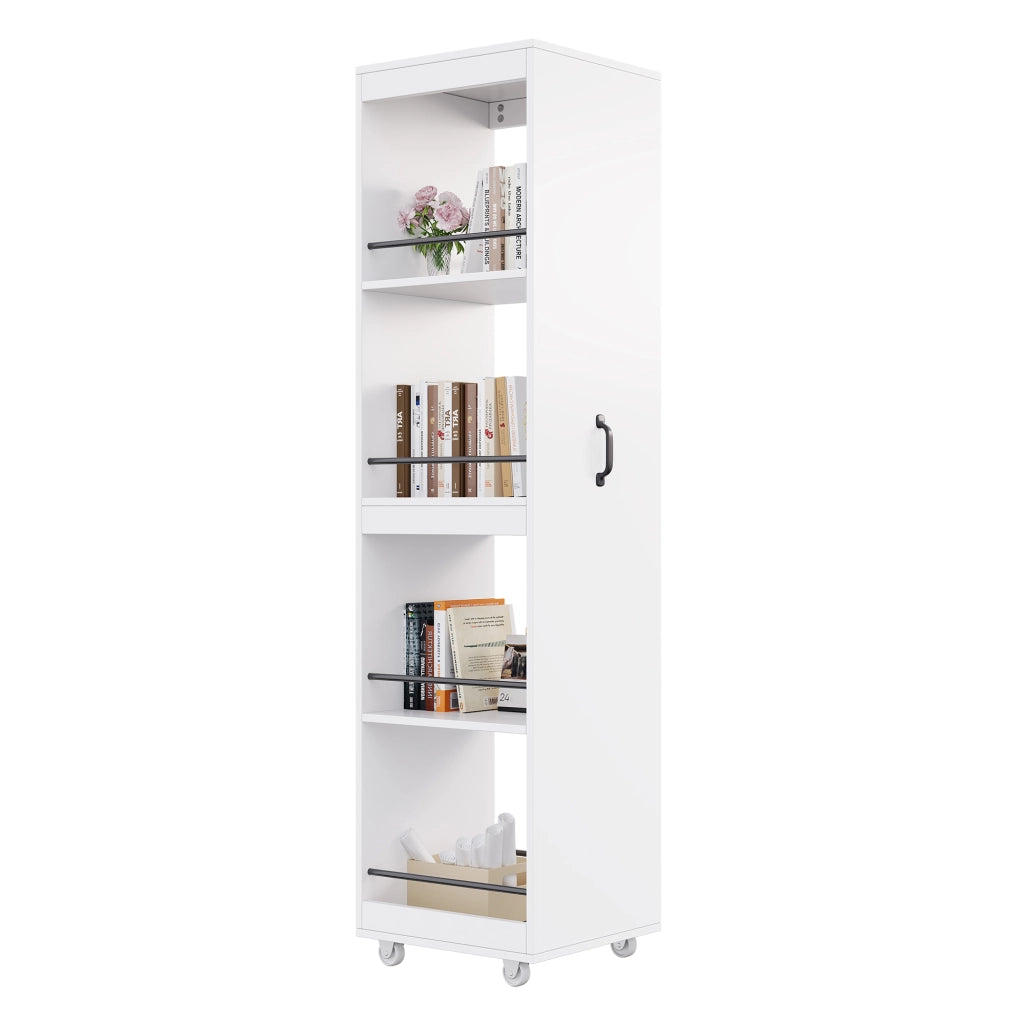 Libreria stretta su ruote con ripiani e barre laterali in MDF bianca per ufficio cucina e bagno
