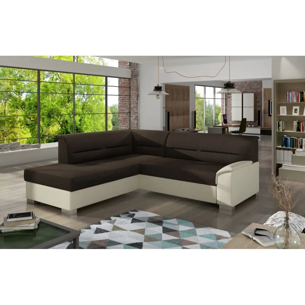 Divano angolare convertibile TROMSO marrone e beige – Angolo sinistro con contenitore
