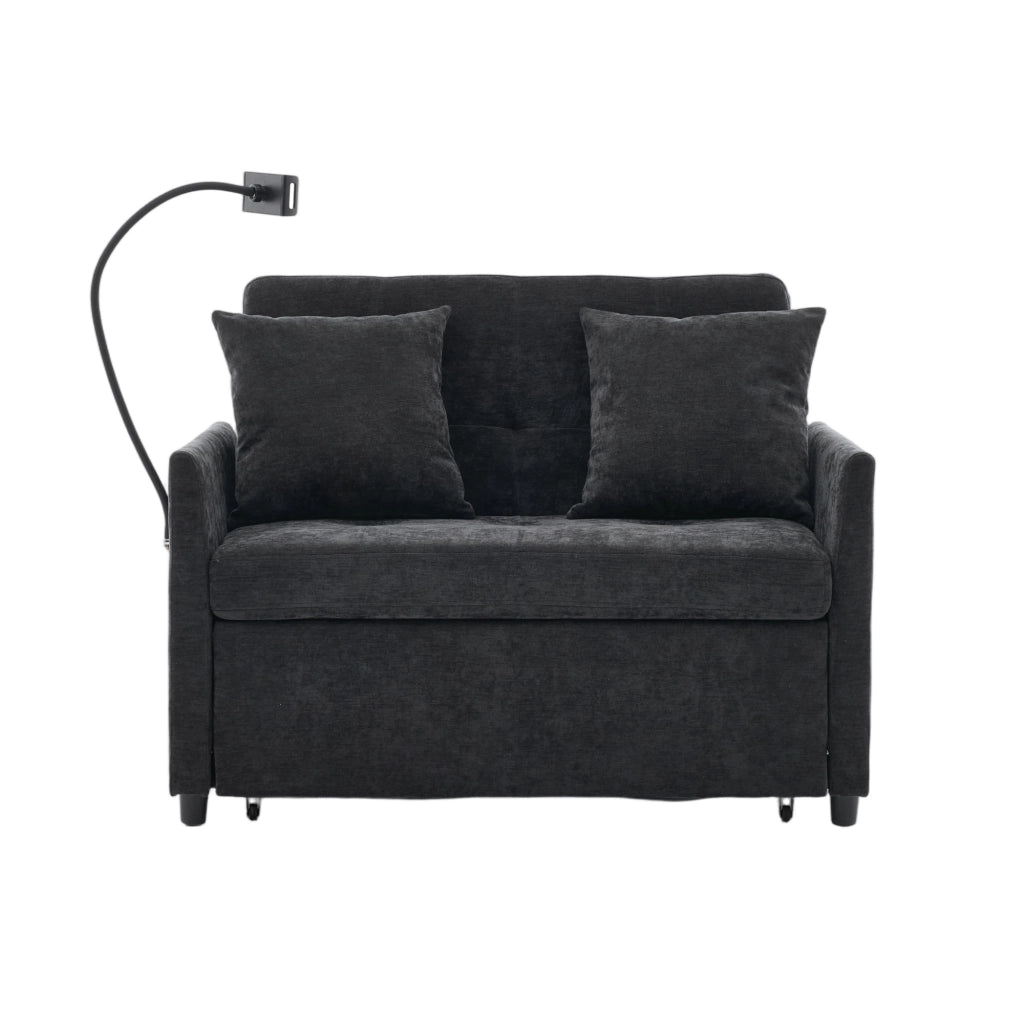 Divano letto convertibile con porta USB e supporto tablet, in lino spazzolato, Nero 109 × 72 × 83,5 cm