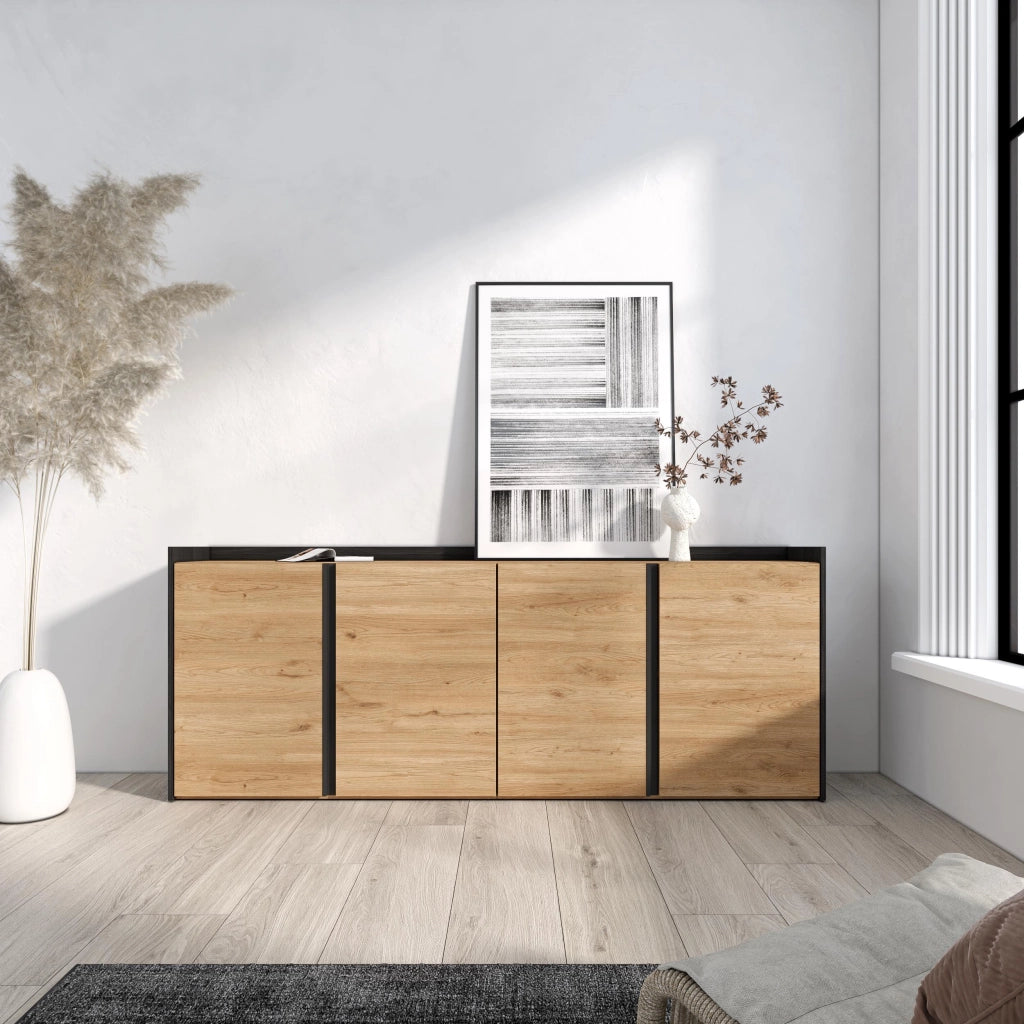 Credenza, Mobile, Cucina, 207x80x35 cm, 4 Porte, grande stoccaggio, Rovere e nero