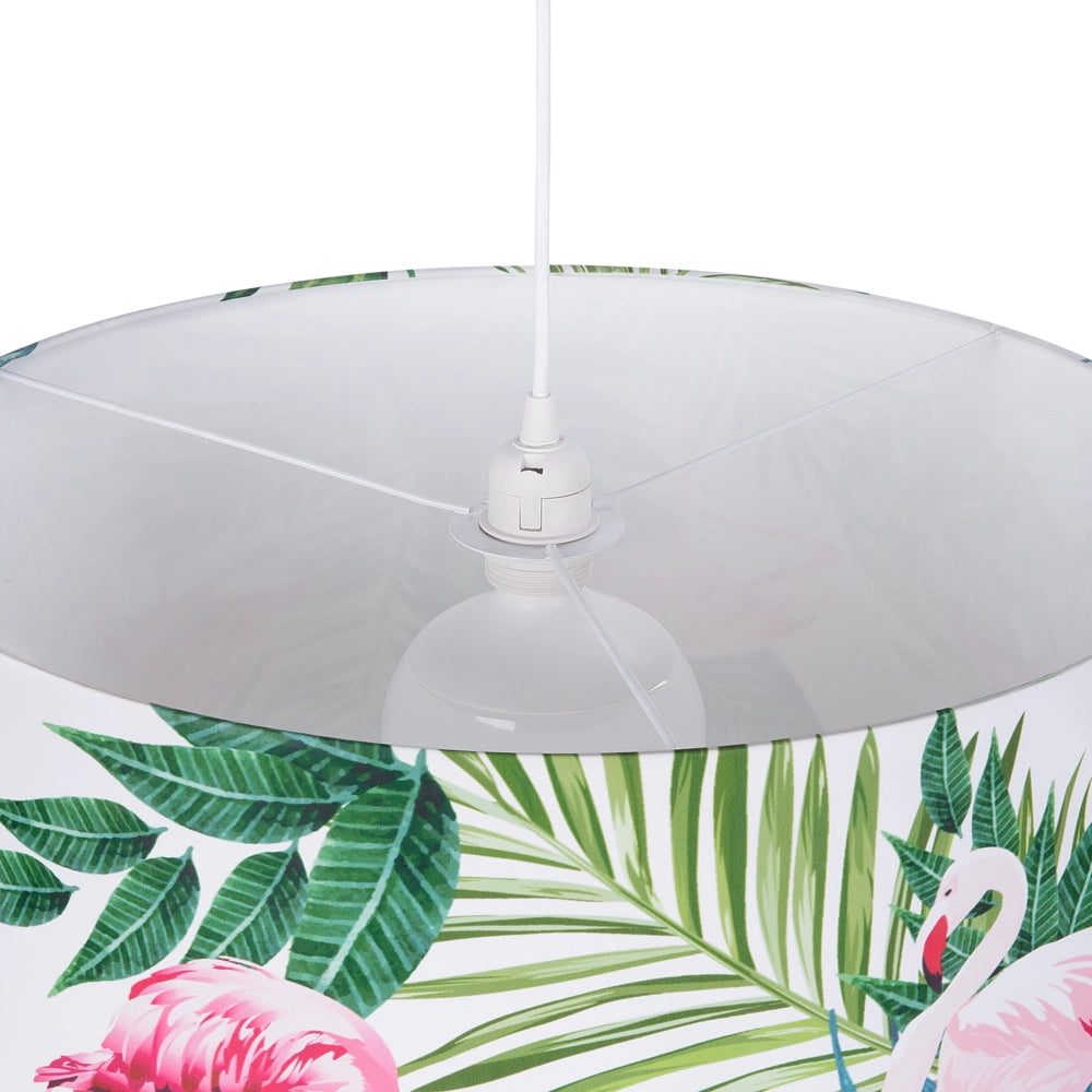 Lampada a Sospensione Tessuto Bianco Foglie Verdi e Stampa Fenicotteri Forma Tamburo Moderna