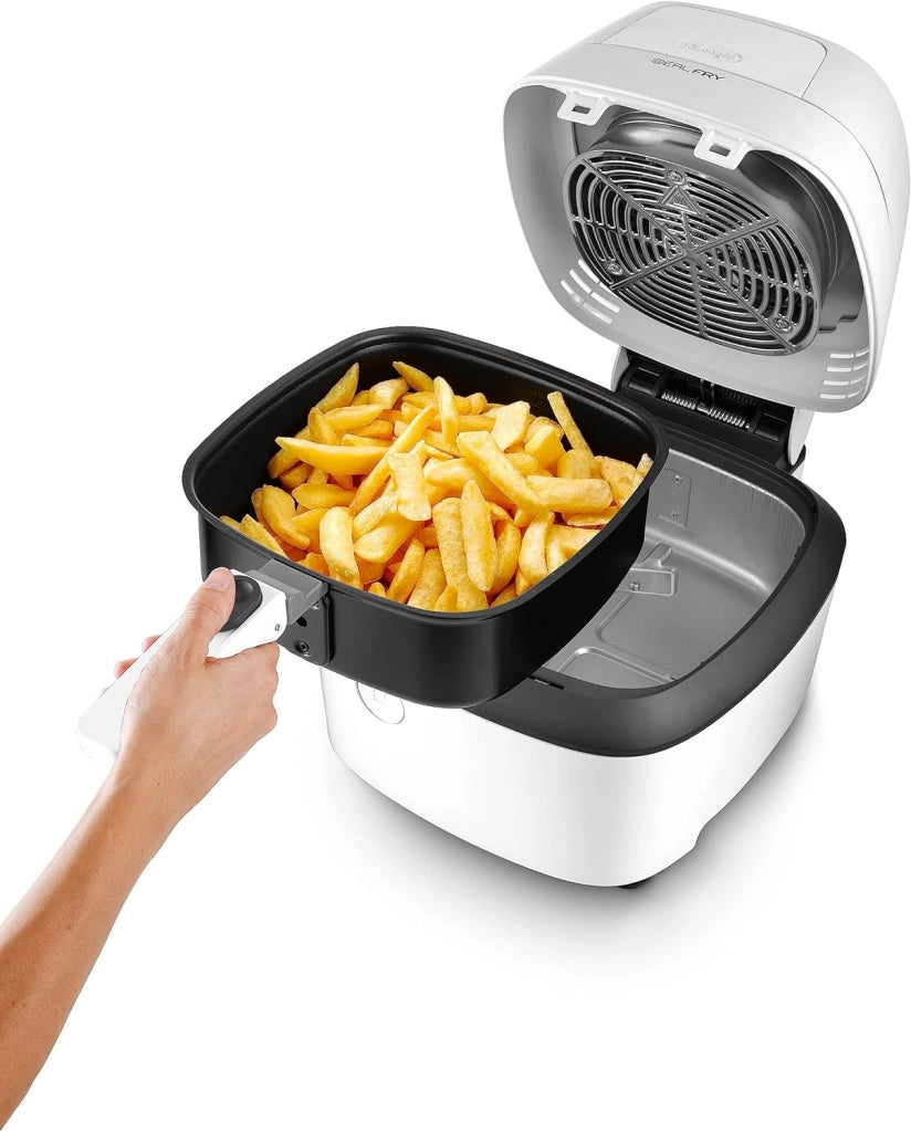 De'longhi fh2101.w idealfry friggitrice ad aria calda, capacità 1kg, frittura leggera e sana, pannello di controllo manuale, vasca removibile da 3,9l, pratico coperchio e timer regolabile, bianco