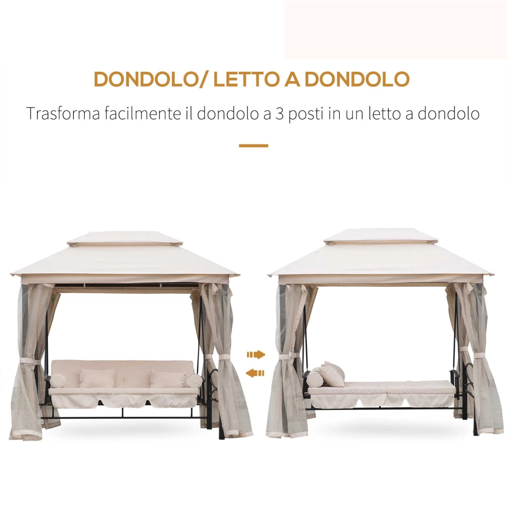Dondolo 3 Posti e Lettino Singolo Copertura a Gazebo con Zanzariera e Cuscini 256x172x248cm Crema