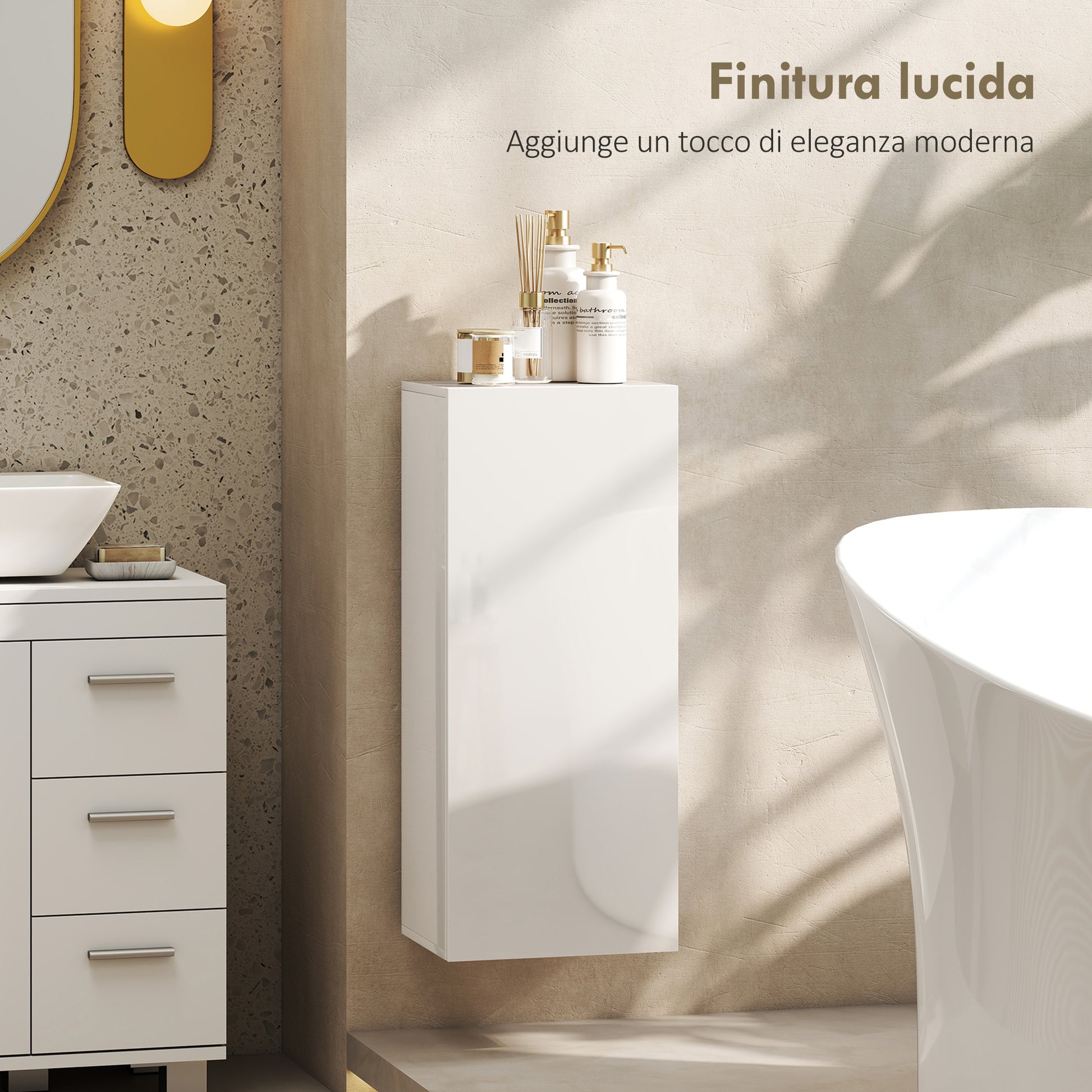 MobilettoPensile da Bagno con 2 Ripiani in Vetro Regolabili e Anta Senza Maniglia Bianco Lucido