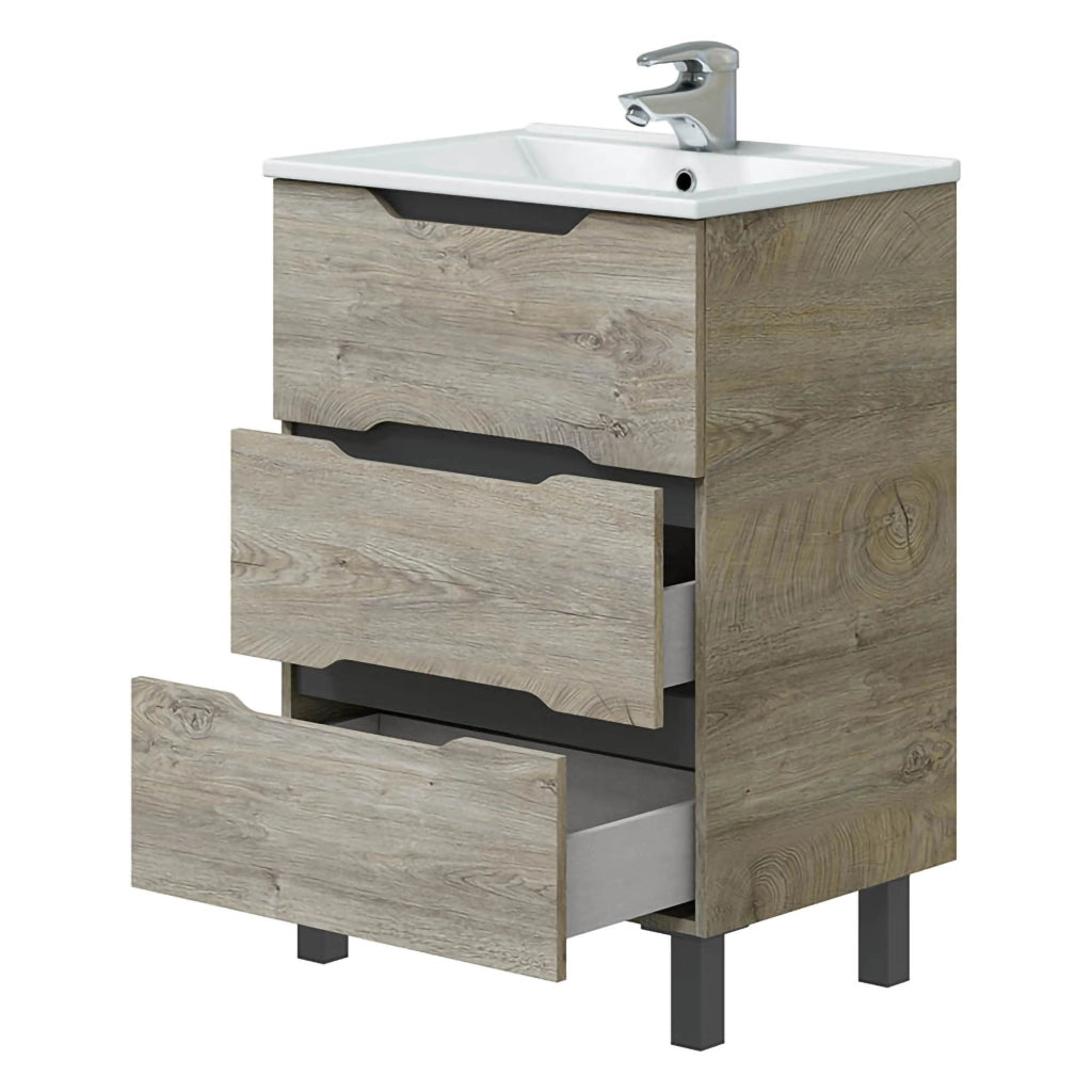 Sozop, Mobile Sottolavabo 3 Cassetti, 60x45x86h cm Marrone Rovere Grigio