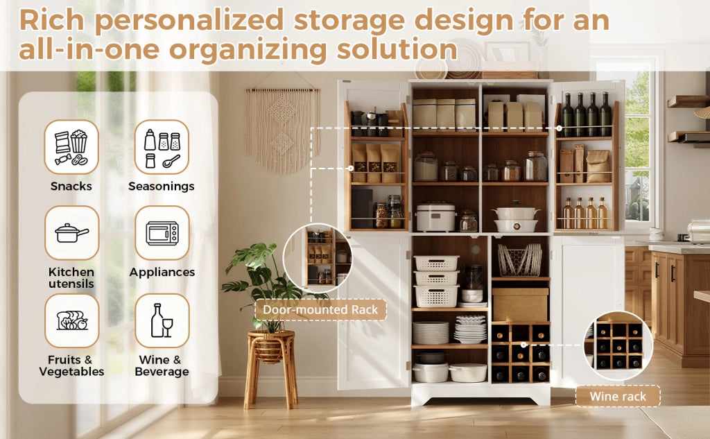 Mobile contenitore cucina alto 80×40×180 cm, 4 ante stile granaio, portabottiglie, MDF bianco/naturale