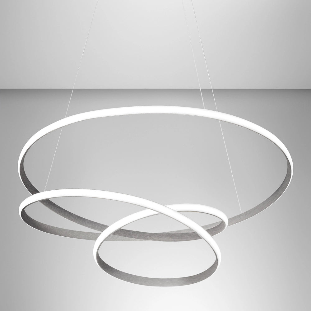 Diva - Lampada a sospensione led 80W dimmerabile - Design moderno in alluminio titanio, luce calda 3000K, anelli intrecciati d.85cm