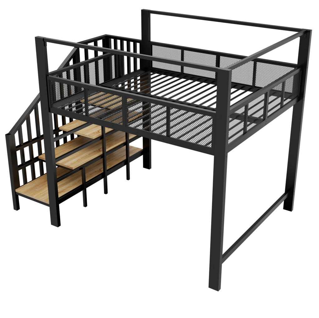 Letto a soppalco 140x200 cm con scala e baldacchino in metallo nero