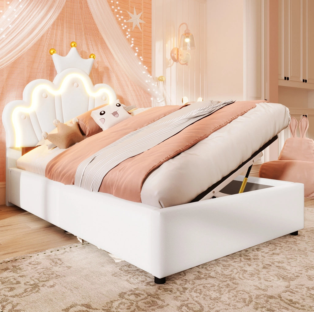 Letto singolo a corona 90x200 cm con LED e contenitore, bianco