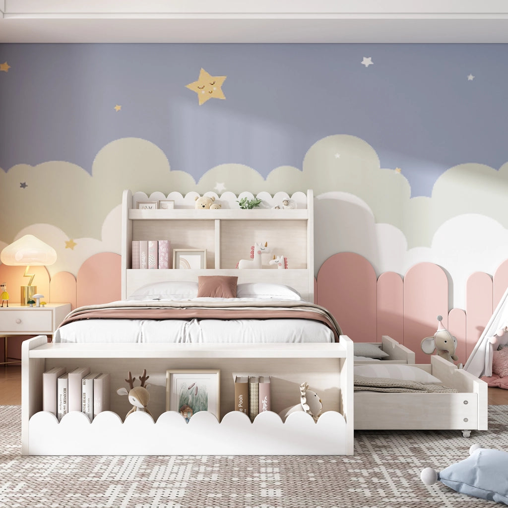 OKWISH Letto Bambino 90×200 cm, Letto Singolo con 2 Cassetti, Mensole e Panca Contenitore, senza Materasso, Legno e MDF, Bianco e Rovere