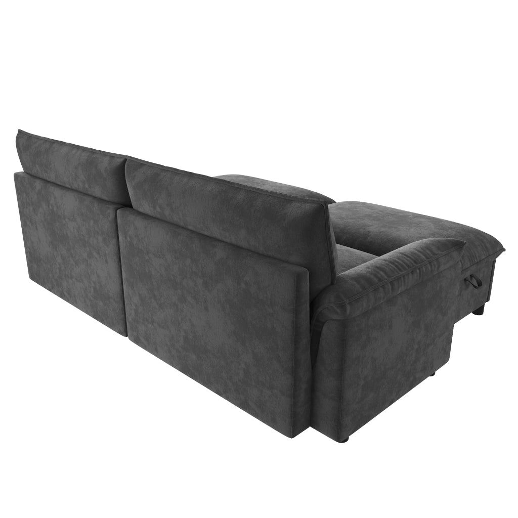Divano modulare in chenille nero con pouf contenitore mobile, funzione letto temporanea, 216x77x82 cm