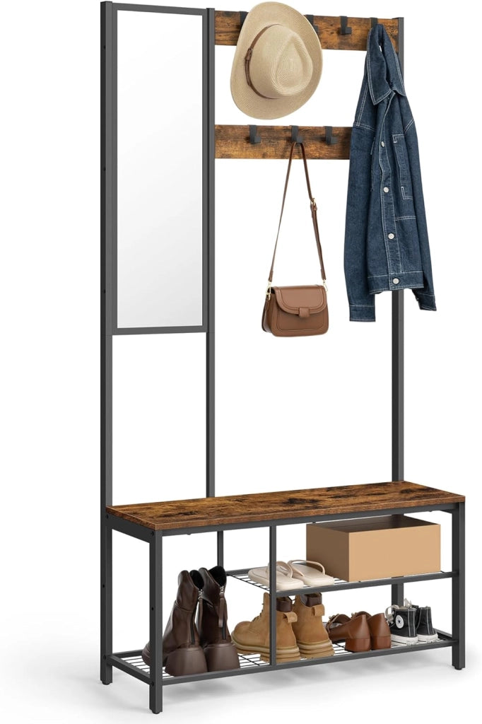 VASAGLE Appendiabiti, Mobile Ingresso con Ganci, Specchio, Panca Scarpiera e Ripiani, 36 x 98 x 185 cm, Corridoio Camera da Letto Salotto, Color Rovere e Bianco HSR050W09